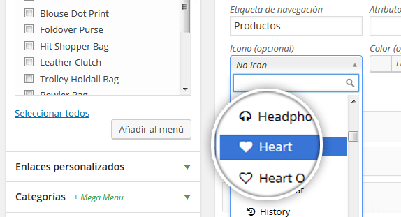WP Mega Menu Iconos de menú