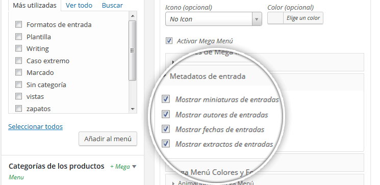 WP Mega Menu Opciones de visualización