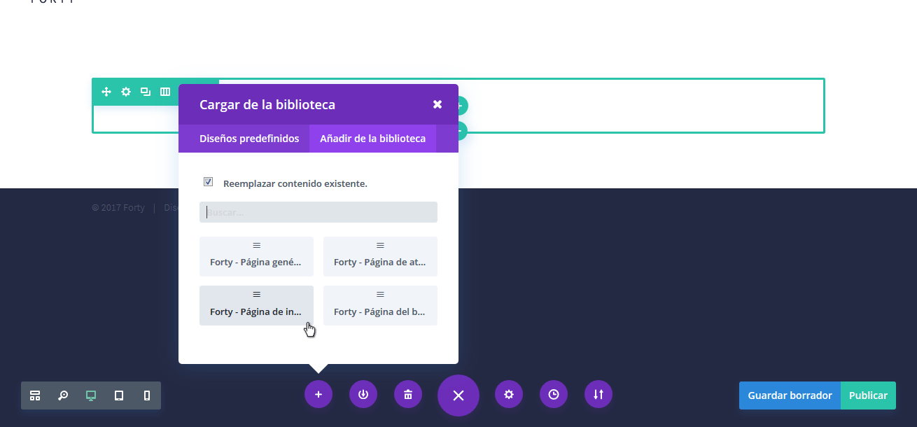 Forty - Cargar diseño de la biblioteca - Constructor visual 2