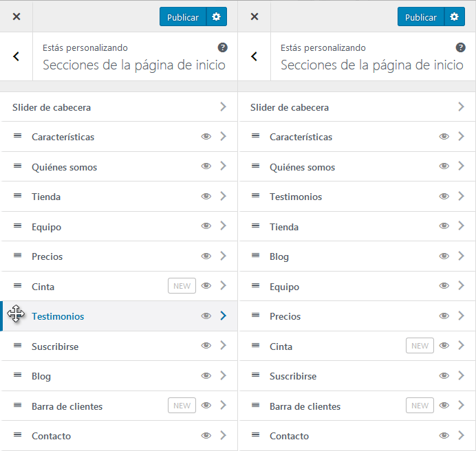 Hestia PRO - Orden de secciones