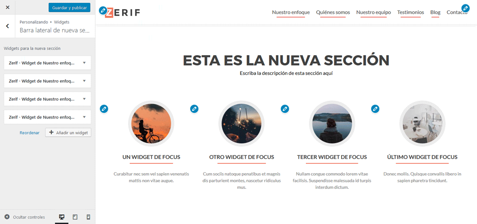 Zerif - Widgets de "Nuestro enfoque" en la nueva sección