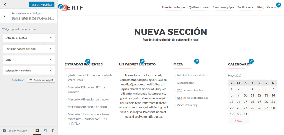 Zerif - Widgets en la nueva sección