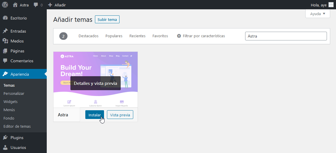 Astra - Instalar tema