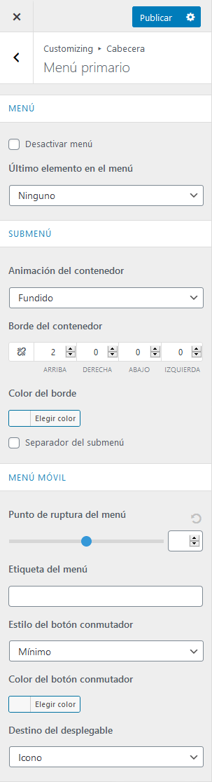 Astra - Menú primario