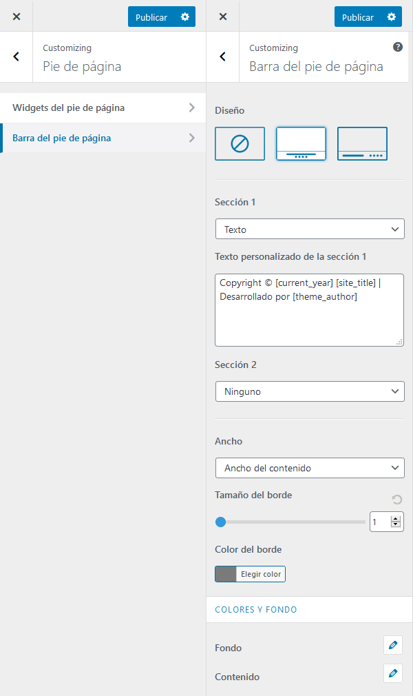 Astra - Diseño del pie de página
