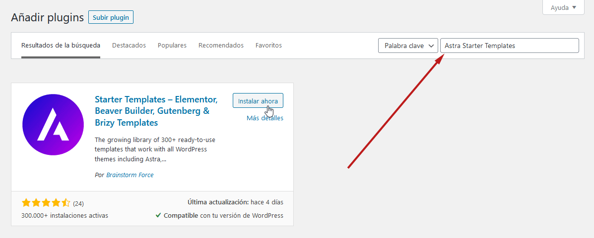 Instalar plugin Astra Starter Templates
