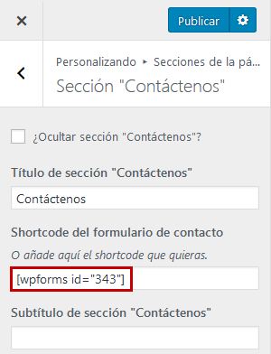 Zerif - Pegar shortcode de WPForms