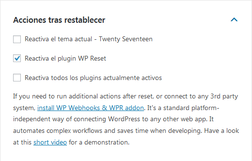 Acciones tras restablecer