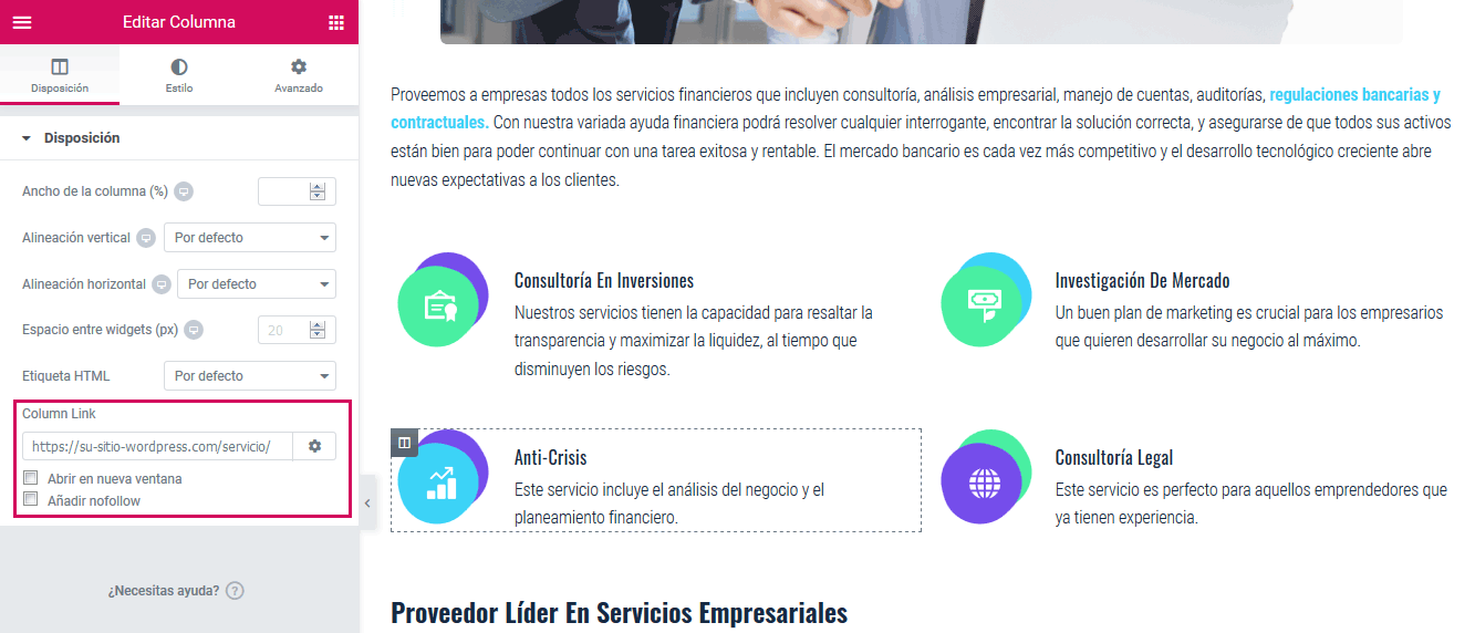 Enlace en columna de Elementor