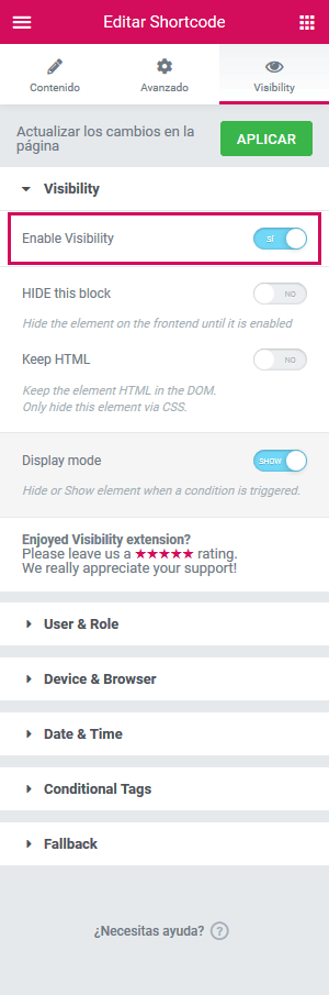 Ajustes de Dynamic Visibility for Elementor-settings