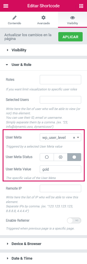 Dynamic Visibility for Elementor - Meta de usuario