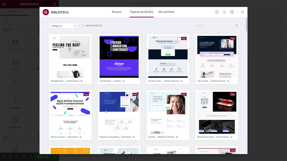 Elementor - Páginas de destino