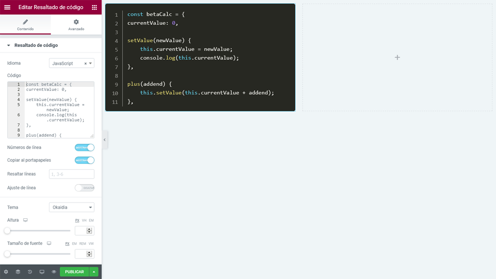 Elementor Pro - Resaltado de código